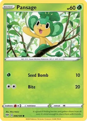 Pokemon TCG - DARKNESS ABLAZE - 006/189 - PANSAGE - Reverse Holo - Common