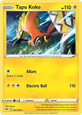 Pokemon TCG - DARKNESS ABLAZE - 061/189 - TAPU KOKO - Reverse Holo - Rare