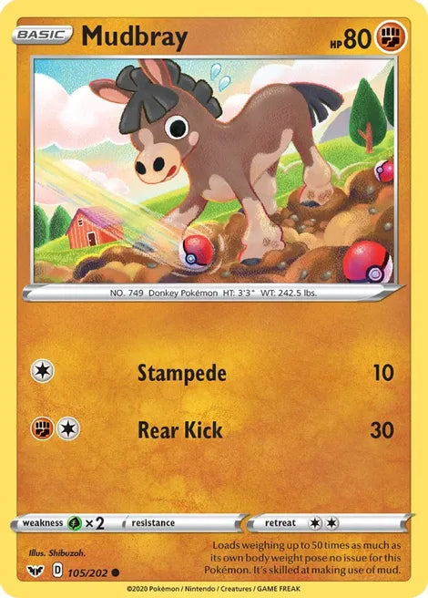 Pokemon TCG - SWORD AND SHIELD - 105/202 - MUDBRAY - Reverse Holo - Common