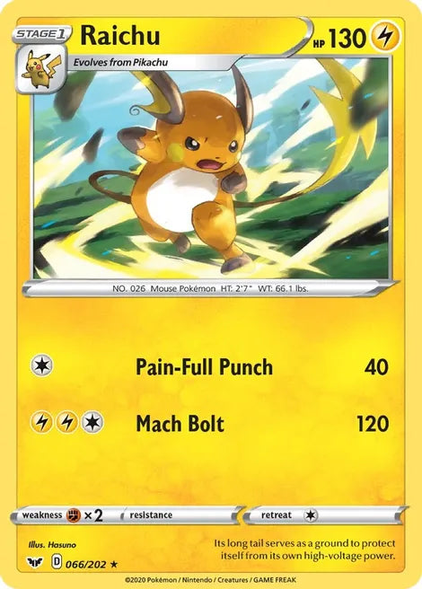 Pokemon TCG - SWORD AND SHIELD - 066/202 - RAICHU - Reverse Holo - Rare