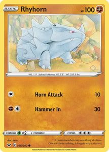 Pokemon TCG - SWORD AND SHIELD - 096/202 - RHYHORN - Reverse Holo - Common