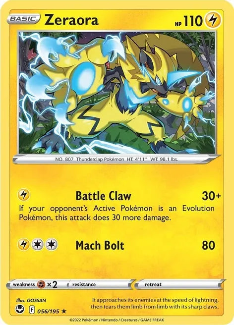 Pokemon TCG - ZERAORA - REVERSE HOLO - 056/195 - SILVER TEMPEST - RARE