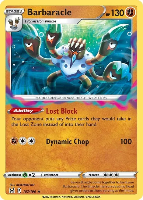 Pokemon TCG - LOST ORIGIN - 107/196 - BARBARACLE - Reverse Holo - Rare