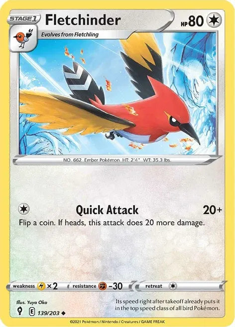 Pokemon TCG - EVOLVING SKIES - 139/203 - FLETCHINDER - Uncommon