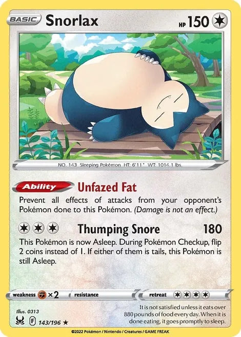 Pokemon TCG - LOST ORIGIN - 143/196 - SNORLAX - HOLOGRAPHIC - Rare