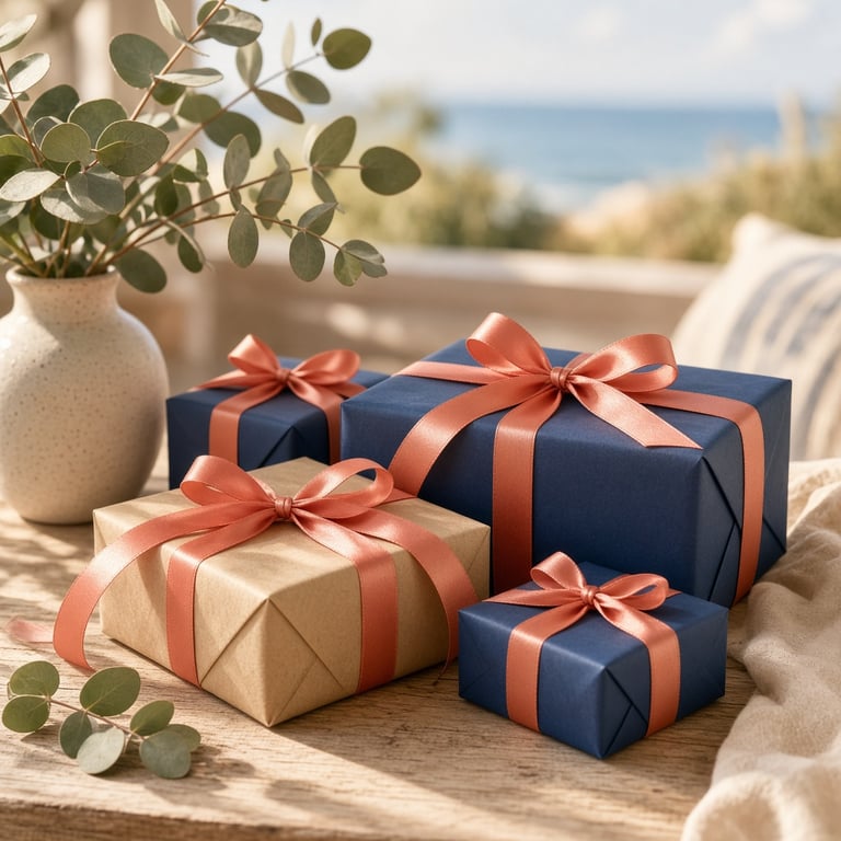 Navy parcels and coral ribbon ready for gifting